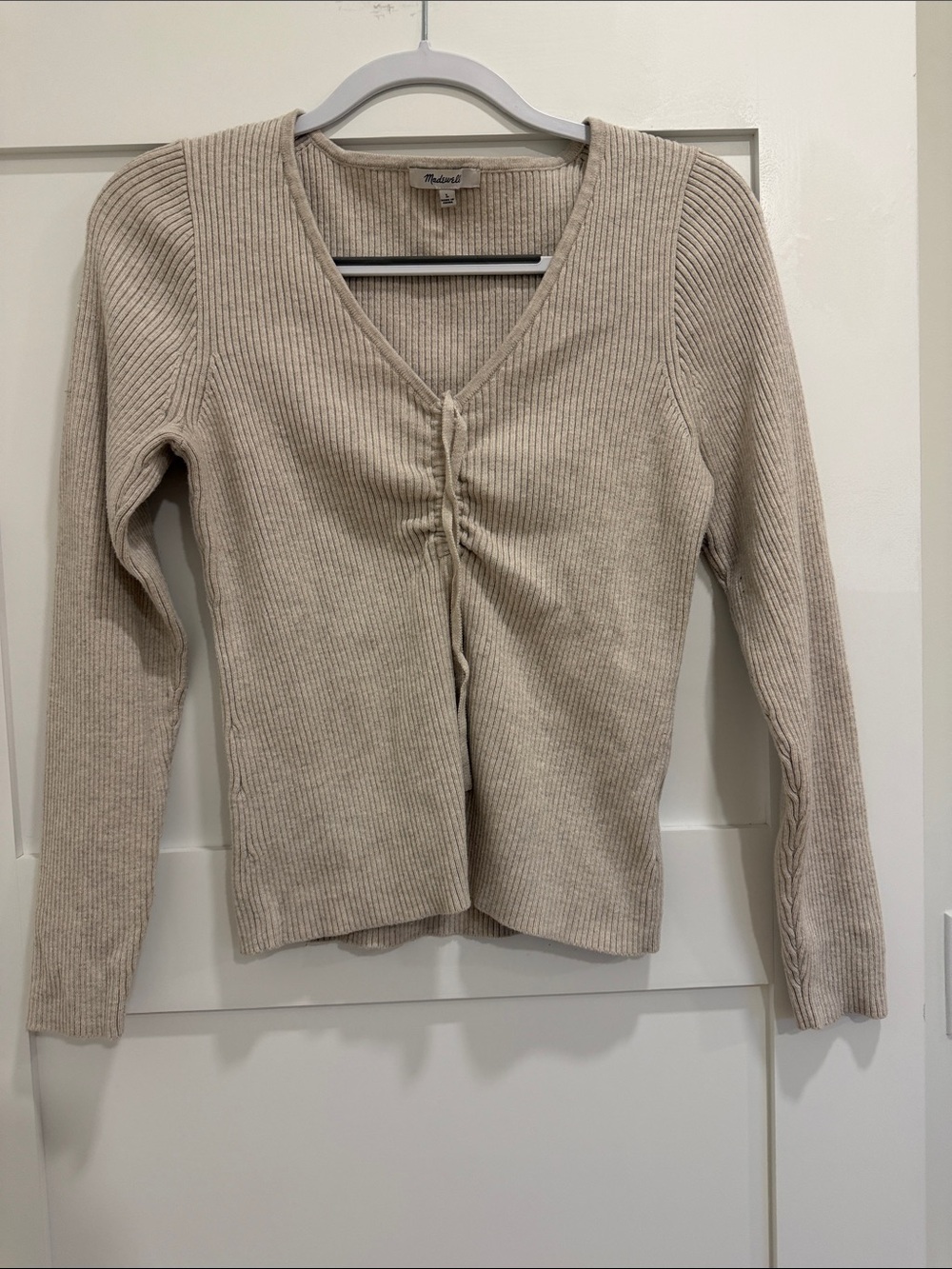 Madewell Ribbed V-Neck Ruched Knit Sweater Top Beige Size Large